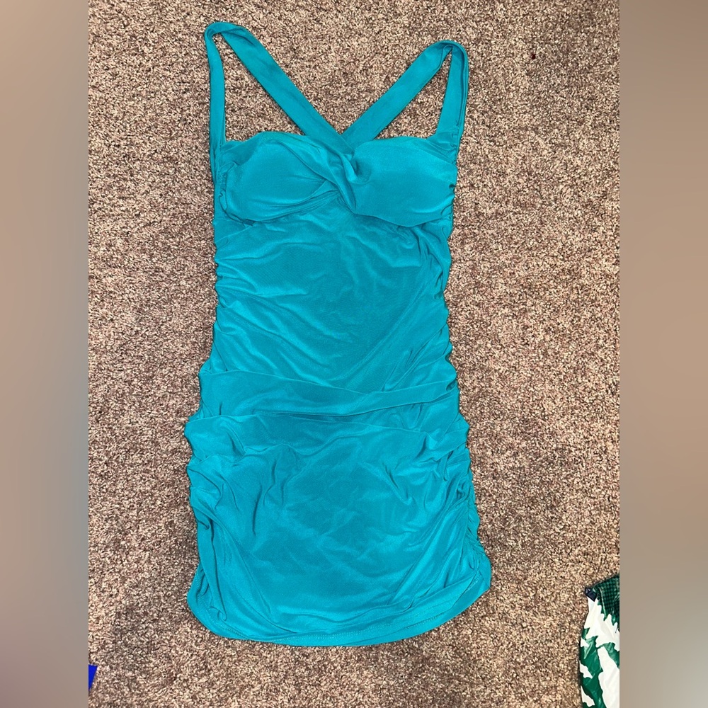 Sabora Tiffany Blue Rushed Bodycon Dress with Sweetheart Neckline, probably M/L